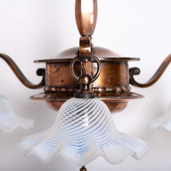 Large Copper Three Branch Chandelier with Jelly Opalescent Glass Shades by GEC