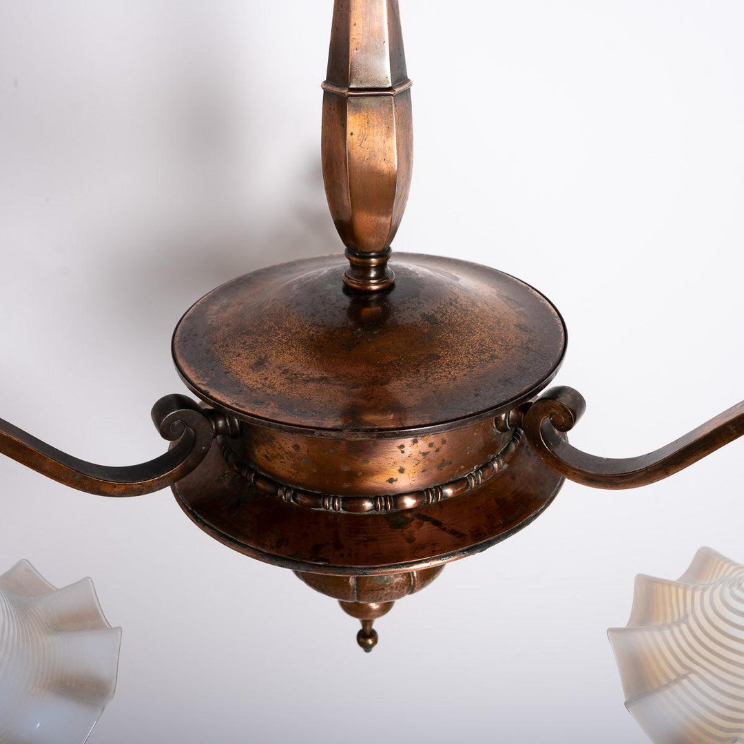 Large Copper Three Branch Chandelier with Jelly Opalescent Glass Shades by GEC
