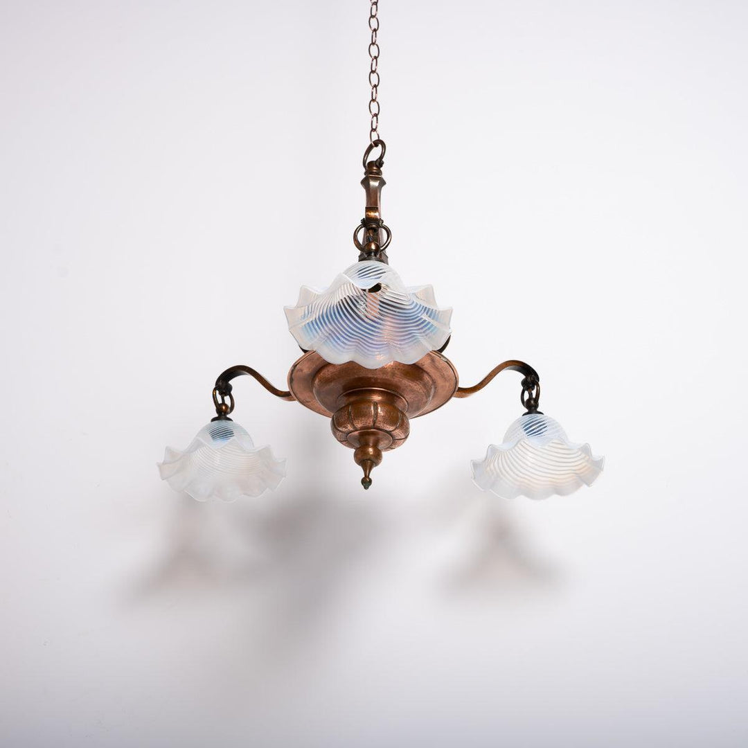 Large Copper Three Branch Chandelier with Jelly Opalescent Glass Shades by GEC