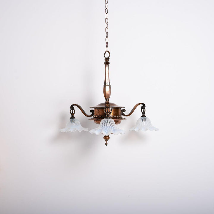 Large Copper Three Branch Chandelier with Jelly Opalescent Glass Shades by GEC