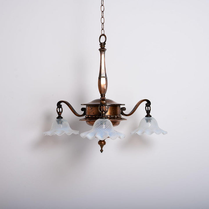 Large Copper Three Branch Chandelier with Jelly Opalescent Glass Shades by GEC