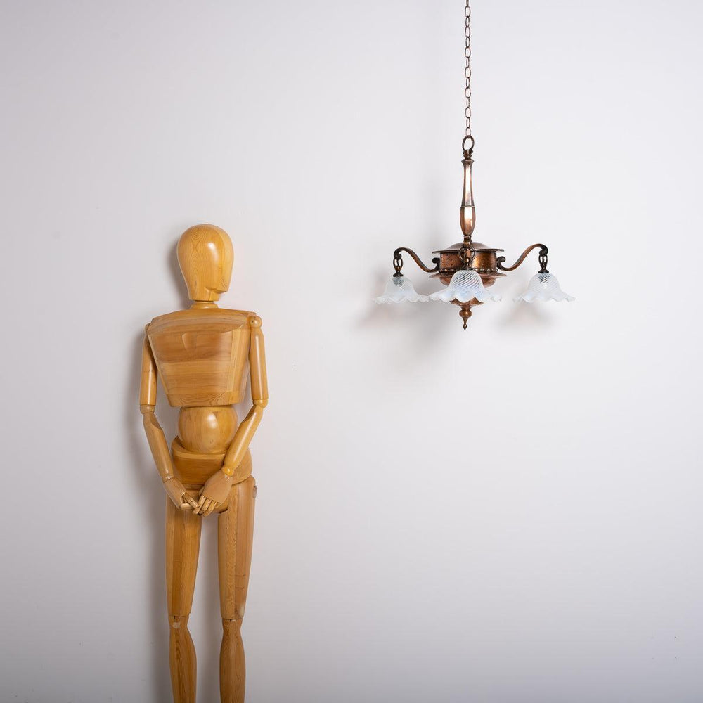 Large Copper Three Branch Chandelier with Vaseline Glass Shades by GEC