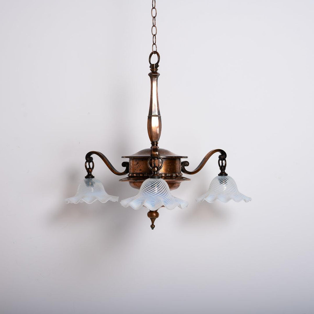 Large Copper Three Branch Chandelier with Vaseline Glass Shades by GEC