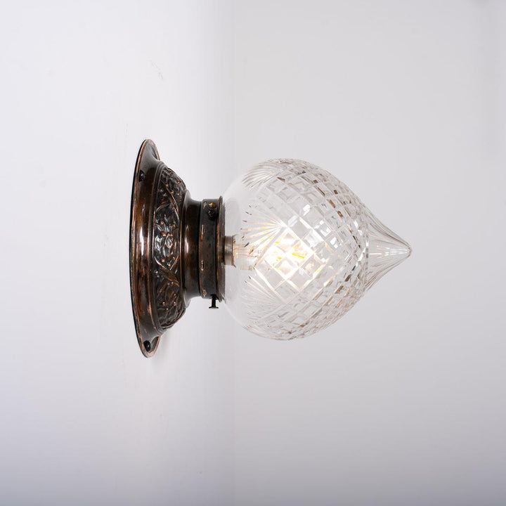 Large Crystal Cut Glass Acorn Flush to Ceiling Light with Aged Brass Fittings