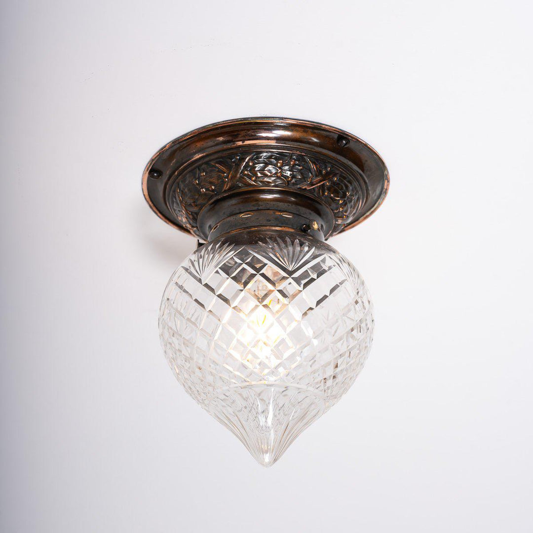 Large Crystal Cut Glass Acorn Flush to Ceiling Light with Aged Brass Fittings