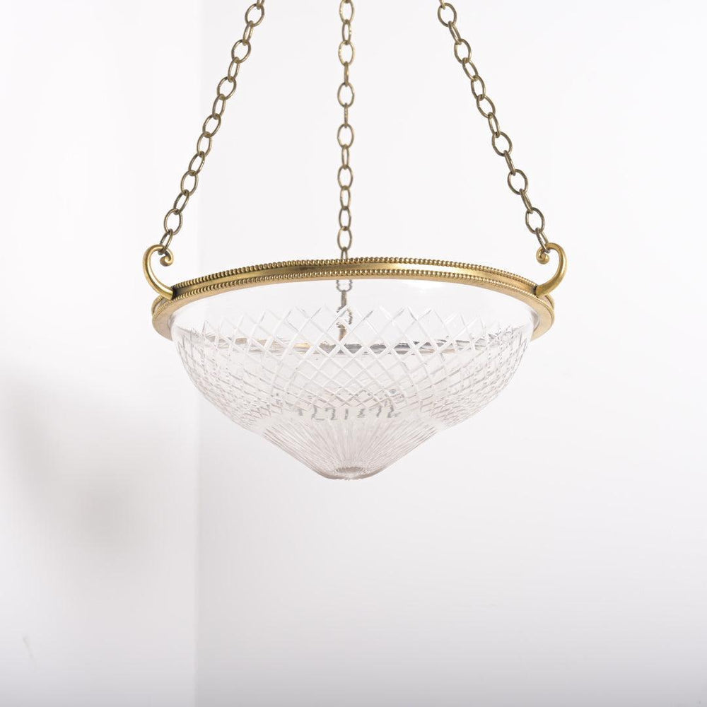 Large Cut Crystal Bowl Plafonnier Light with Beaded Cast Brass Ring