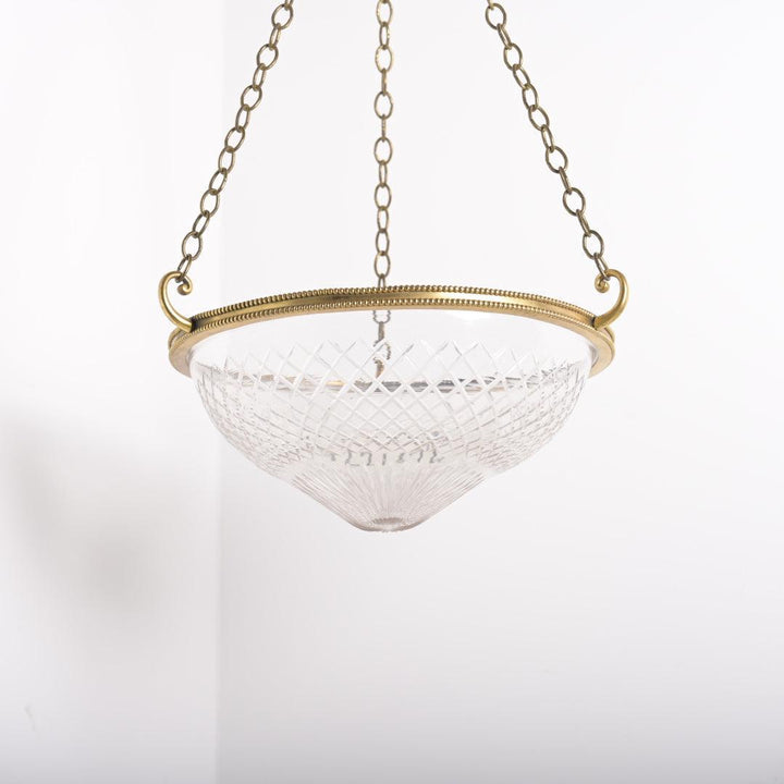 Large Cut Crystal Bowl Plafonnier Light with Beaded Cast Brass Ring