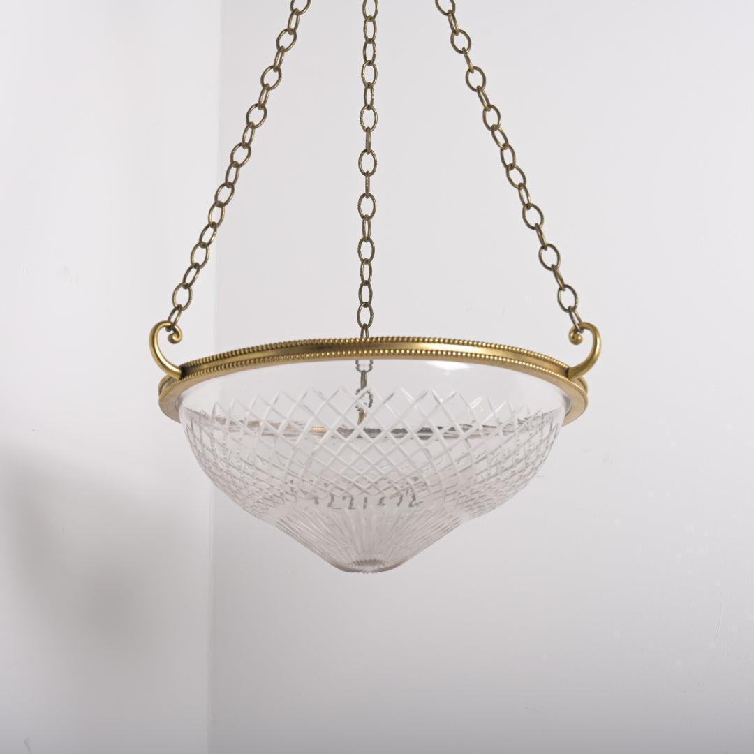Large Cut Crystal Bowl Plafonnier Light with Beaded Cast Brass Ring