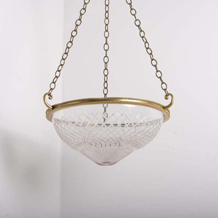 Large Cut Crystal Bowl Plafonnier Light with Beaded Cast Brass Ring