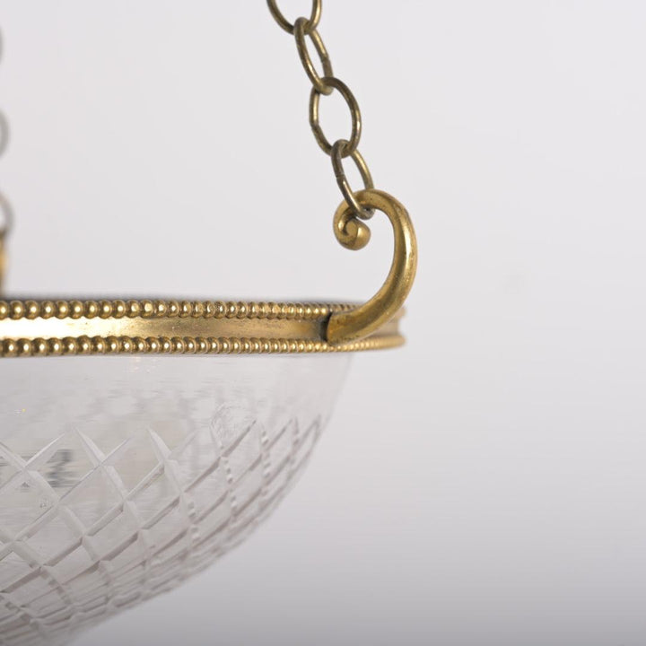 Large Cut Crystal Bowl Plafonnier Light with Beaded Cast Brass Ring