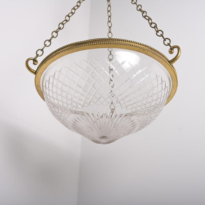 Large Cut Crystal Bowl Plafonnier Light with Beaded Cast Brass Ring