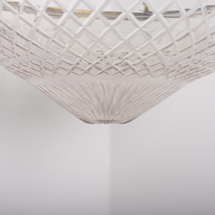 Large Cut Crystal Bowl Plafonnier Light with Beaded Cast Brass Ring