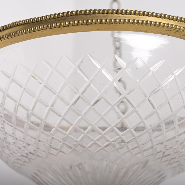 Large Cut Crystal Bowl Plafonnier Light with Beaded Cast Brass Ring