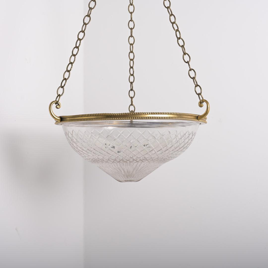 Large Cut Crystal Bowl Plafonnier Light with Beaded Cast Brass Ring