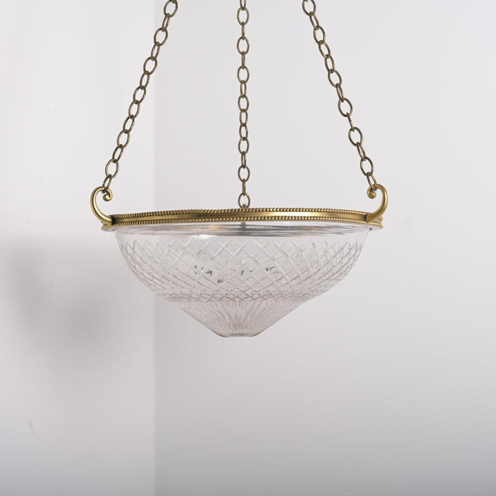 Large Cut Crystal Bowl Plafonnier Light with Beaded Cast Brass Ring