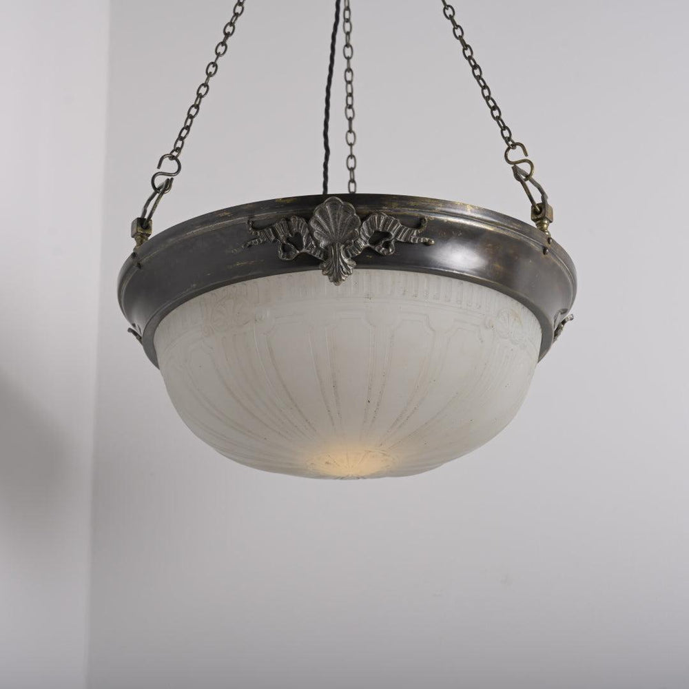 Large Decorative Moonstone Plafonnier with Aged Brass Shell & Swag Motif Ring