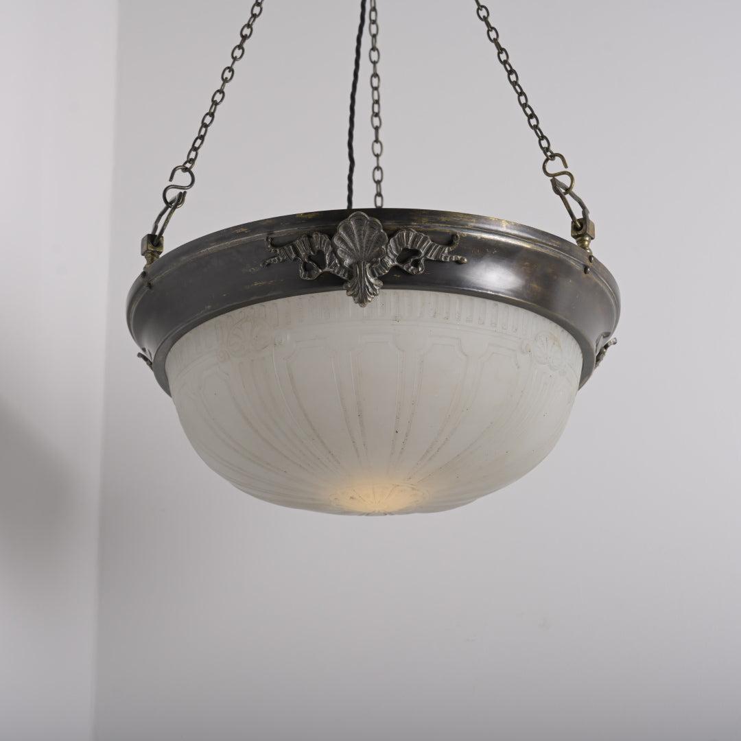 Large Decorative Moonstone Plafonnier with Aged Brass Shell & Swag Motif Ring