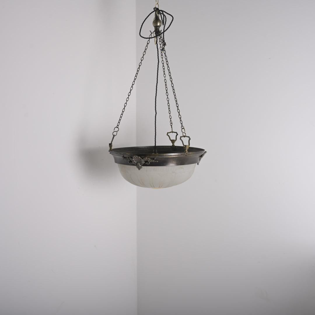 Large Decorative Moonstone Plafonnier with Aged Brass Shell & Swag Motif Ring