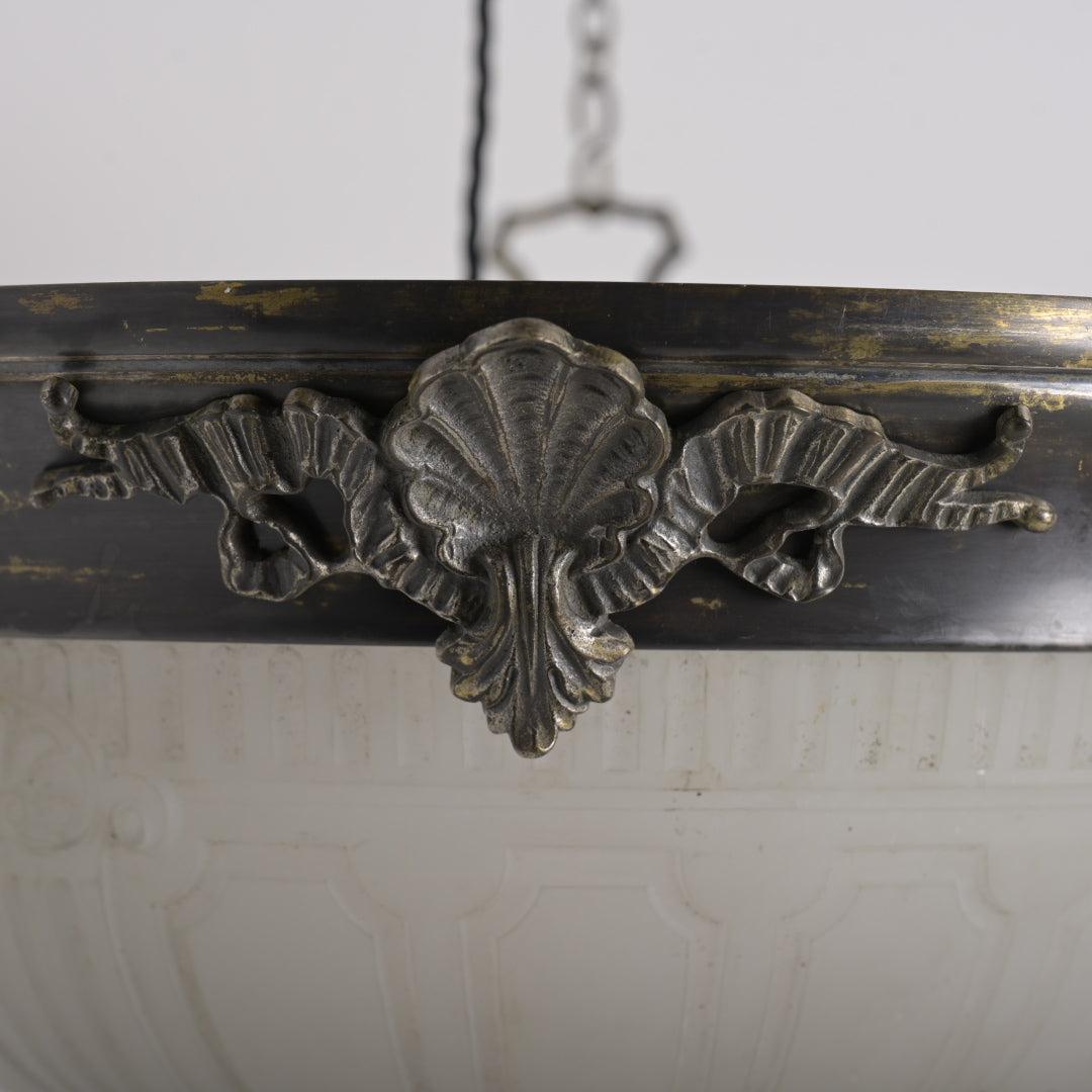 Large Decorative Moonstone Plafonnier with Aged Brass Shell & Swag Motif Ring