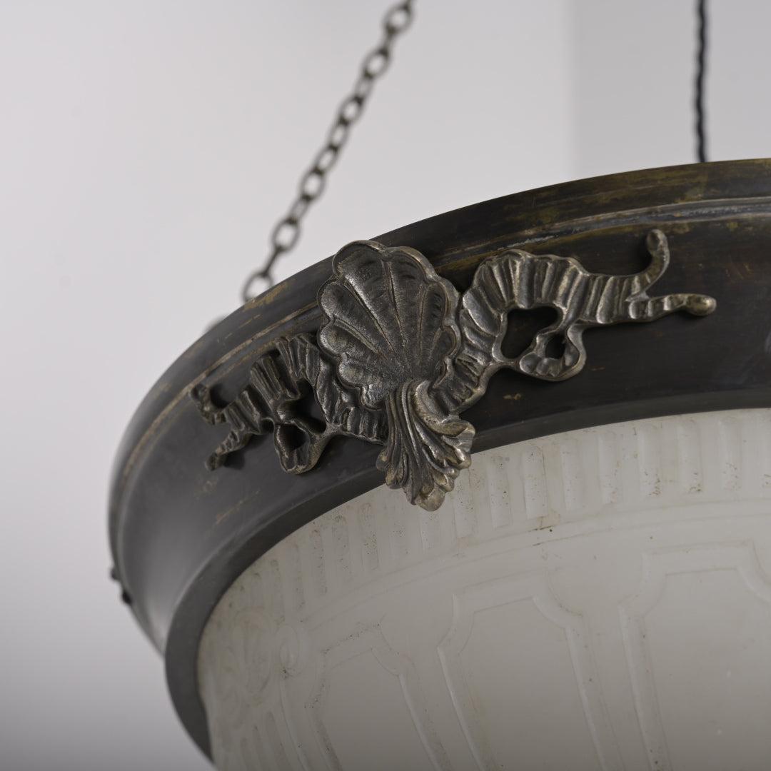 Large Decorative Moonstone Plafonnier with Aged Brass Shell & Swag Motif Ring