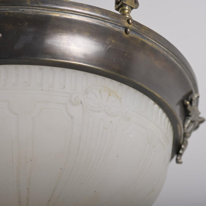 Large Decorative Moonstone Plafonnier with Aged Brass Shell & Swag Motif Ring