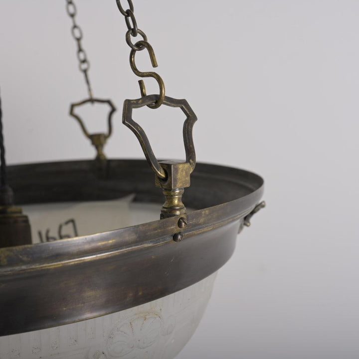 Large Decorative Moonstone Plafonnier with Aged Brass Shell & Swag Motif Ring