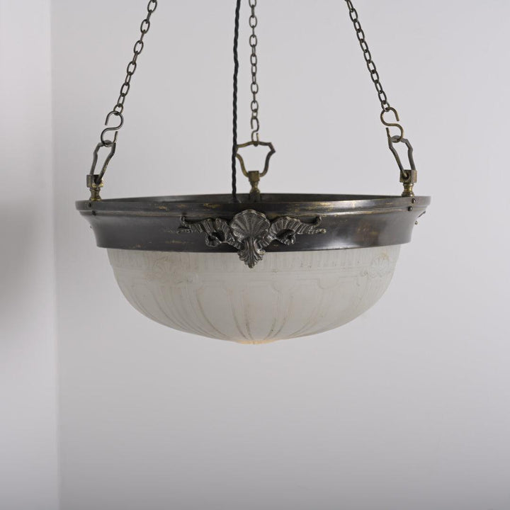 Large Decorative Moonstone Plafonnier with Aged Brass Shell & Swag Motif Ring