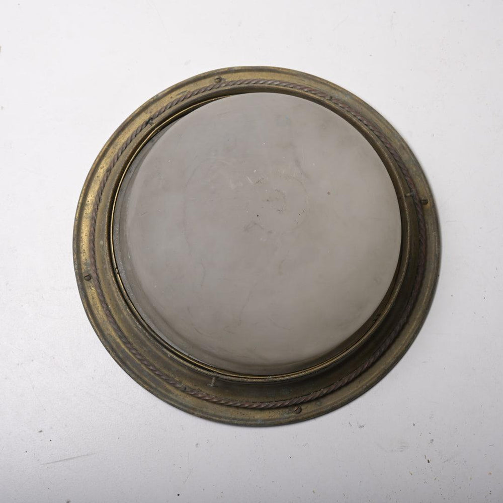 Large English Antique Satin Glass Flush Mount with Rope Twist Brass Gallery