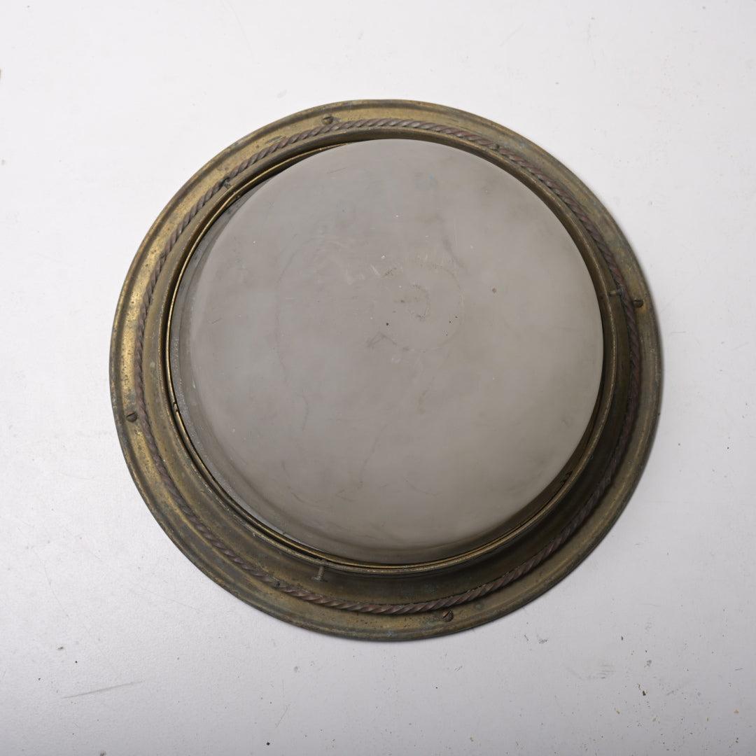 Large English Antique Satin Glass Flush Mount with Rope Twist Brass Gallery