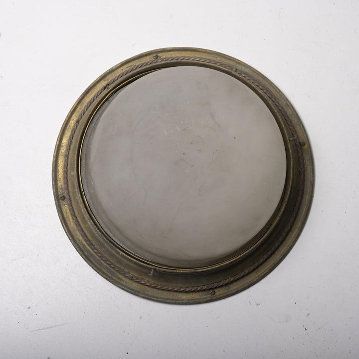 Large English Antique Satin Glass Flush Mount with Rope Twist Brass Gallery