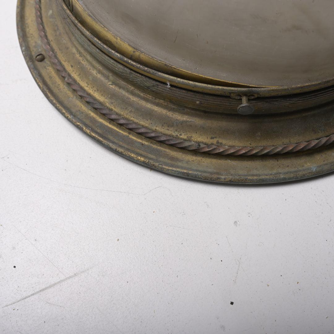 Large English Antique Satin Glass Flush Mount with Rope Twist Brass Gallery