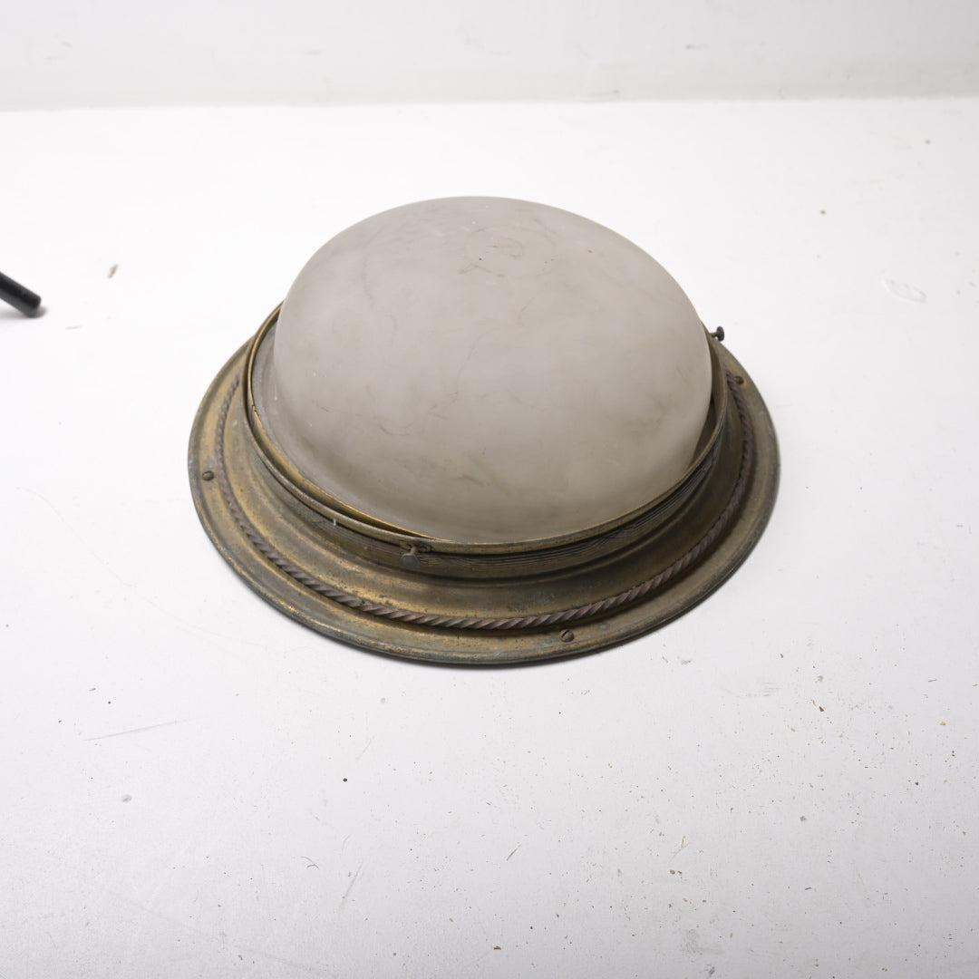 Large English Antique Satin Glass Flush Mount with Rope Twist Brass Gallery