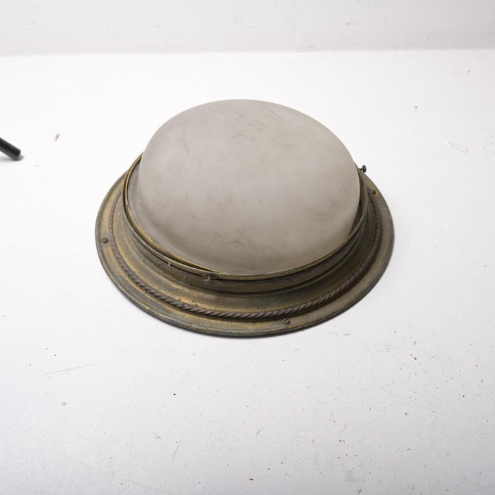 Large English Antique Satin Glass Flush Mount with Rope Twist Brass Gallery