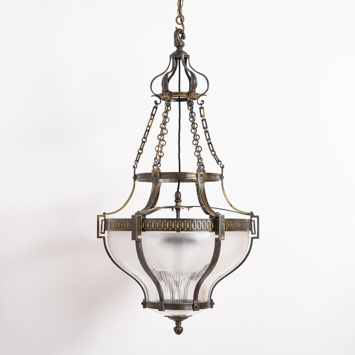 Large English Cast Brass and Etched Crystal Pendant Light by Faraday & Son