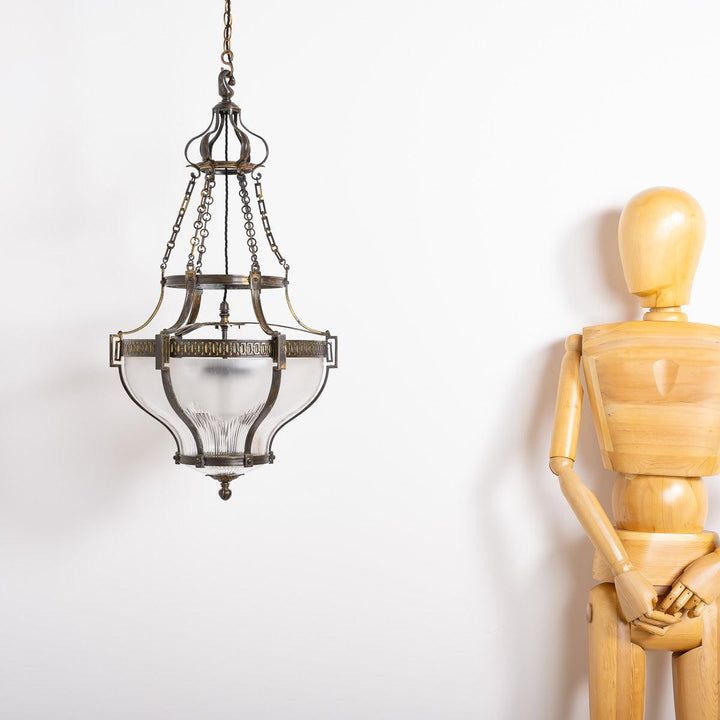 Large English Cast Brass and Etched Crystal Pendant Light by Faraday & Son