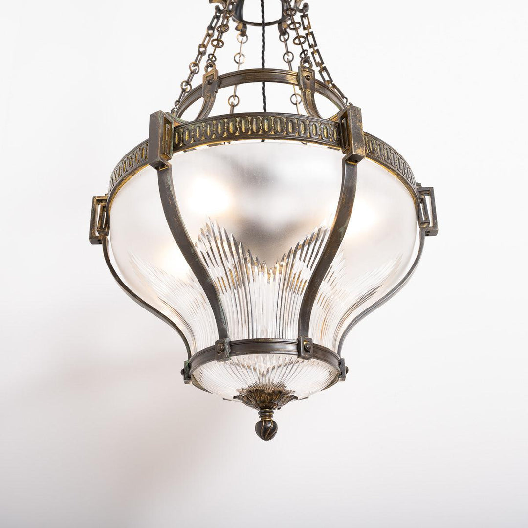 Large English Cast Brass and Etched Crystal Pendant Light by Faraday & Son