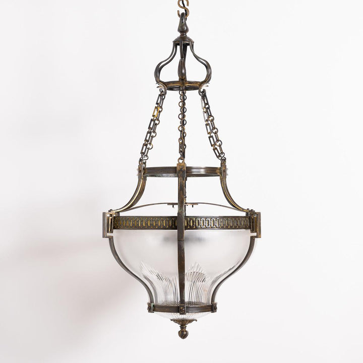 Large English Cast Brass and Etched Crystal Pendant Light by Faraday & Son