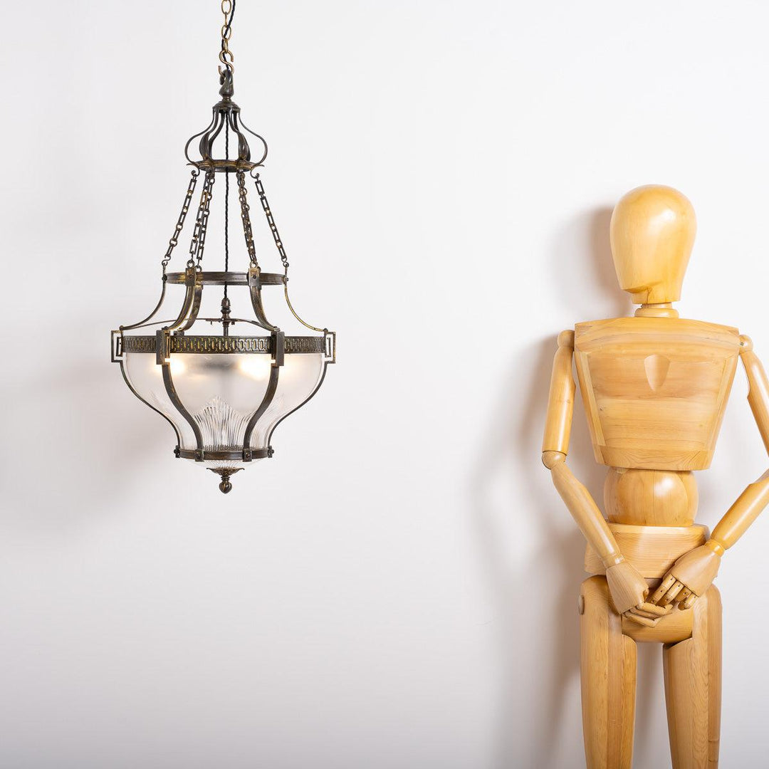 Large English Cast Brass and Etched Crystal Pendant Light by Faraday & Son