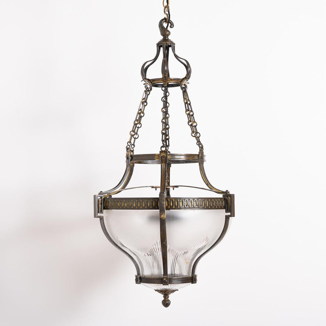 Large English Cast Brass and Etched Crystal Pendant Light by Faraday & Son