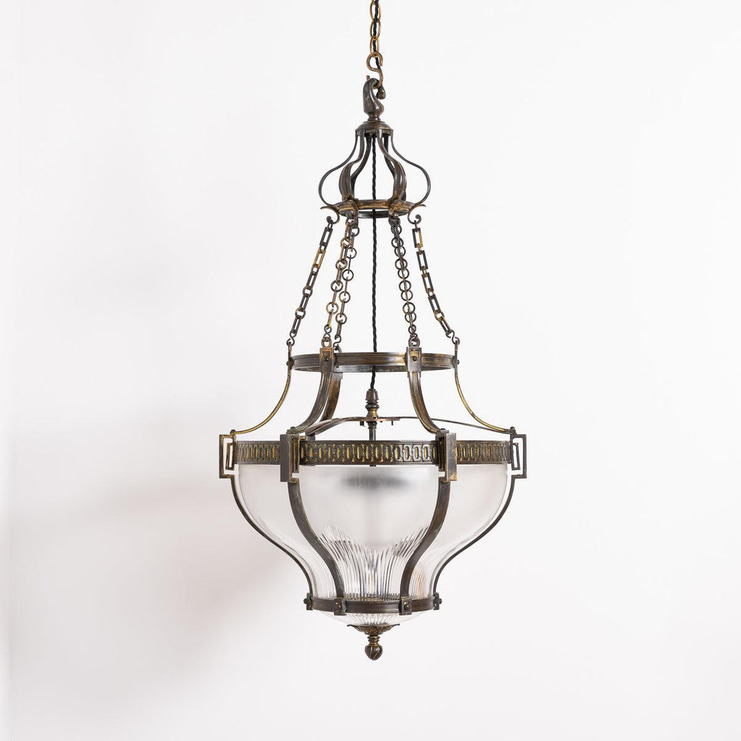 Large English Cast Brass and Etched Crystal Pendant Light by Faraday & Son