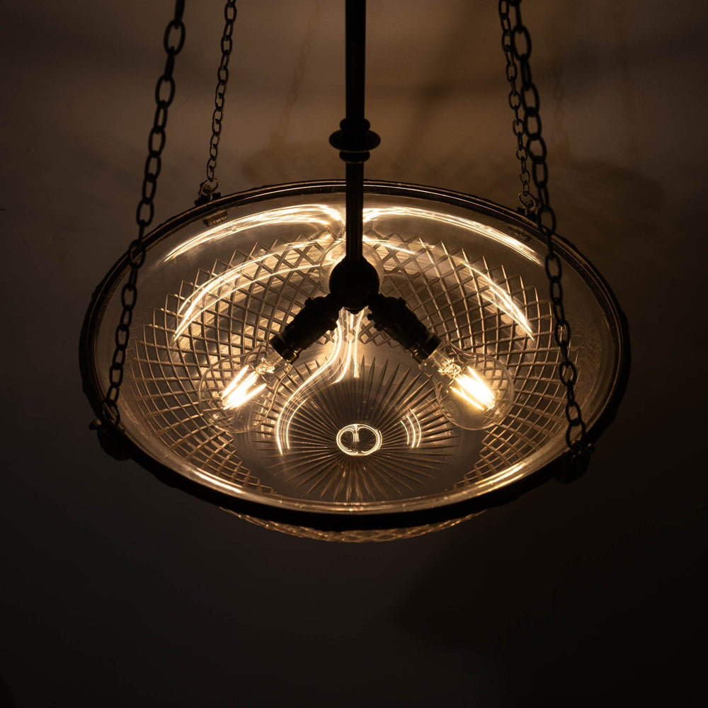 Large English Crystal Cut Glass Plafonnier with Quality Cast Fittings with Natural Verdigris Patina