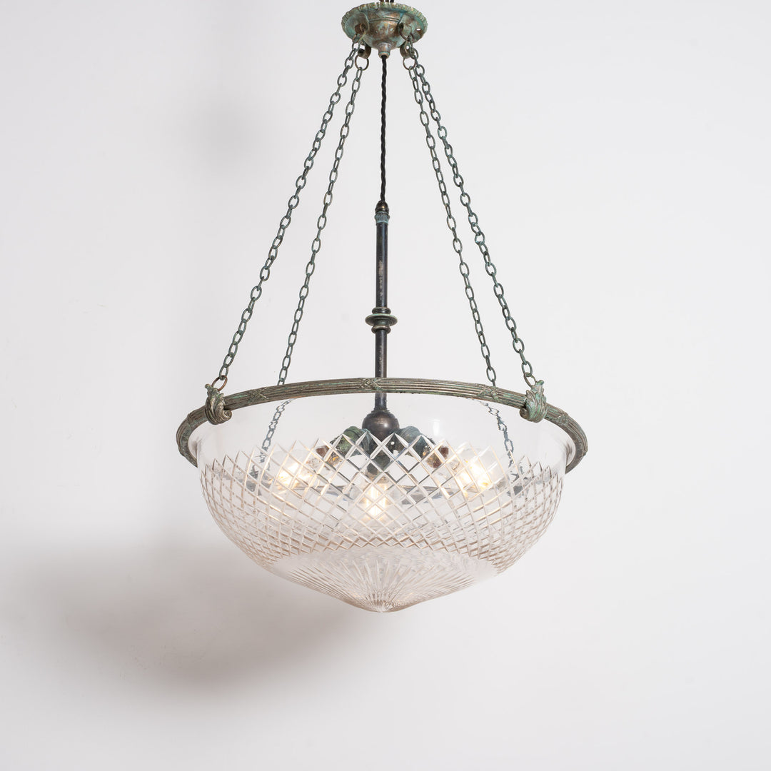 Large English Crystal Cut Glass Plafonnier with Quality Cast Fittings with Natural Verdigris Patina