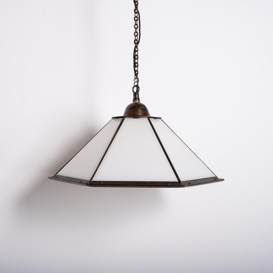 Large Hexagonal Copper & Opal Glass Pendant Light Reclaimed from The London Underground