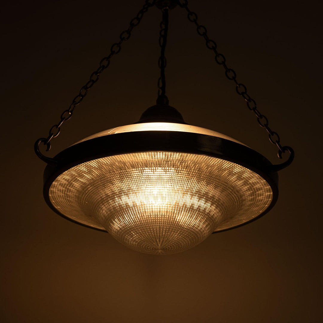 Large Holophane Ripplelite Pendant Lights in Aged Brass Frames (Run of Six)