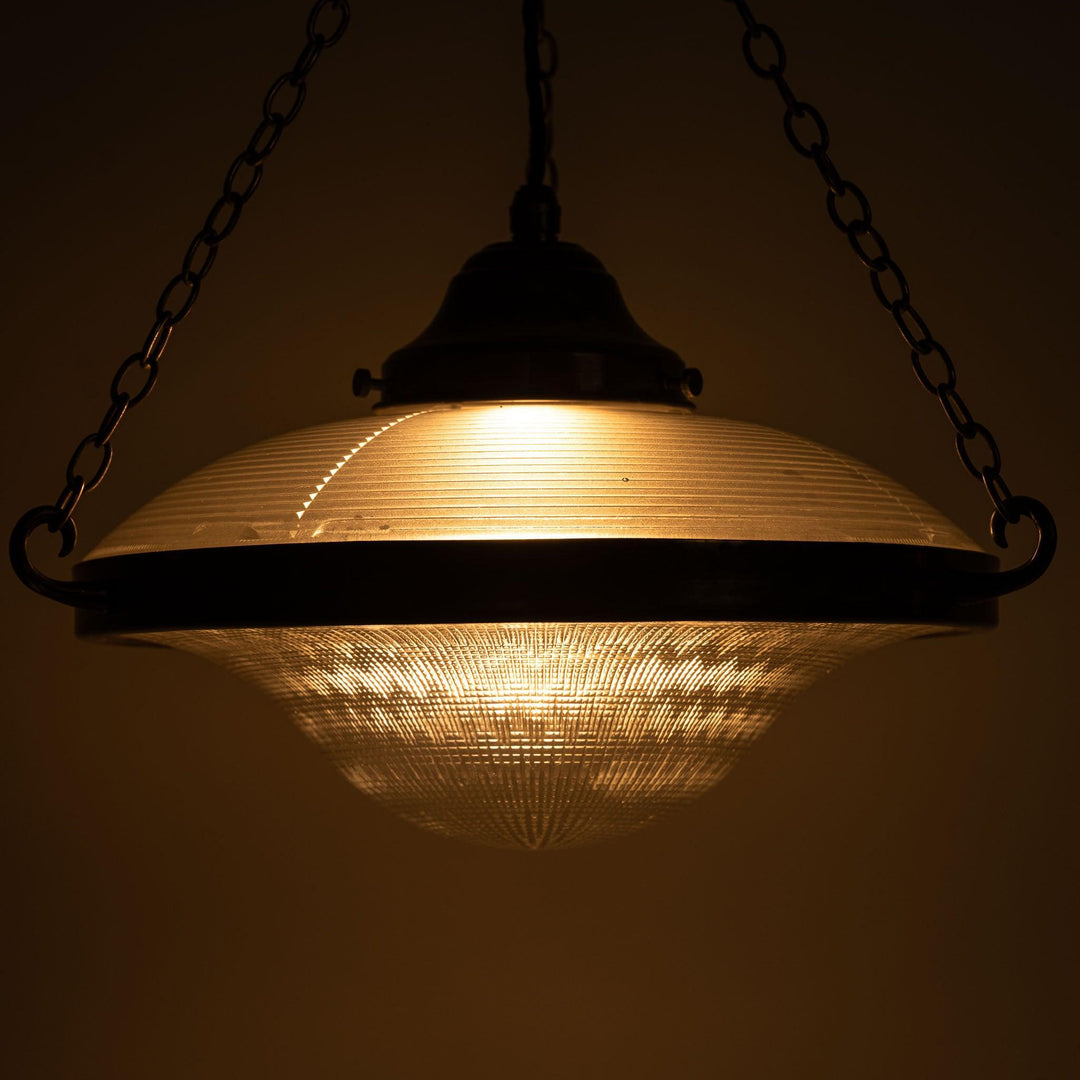 Large Holophane Ripplelite Pendant Lights in Aged Brass Frames (Run of Six)