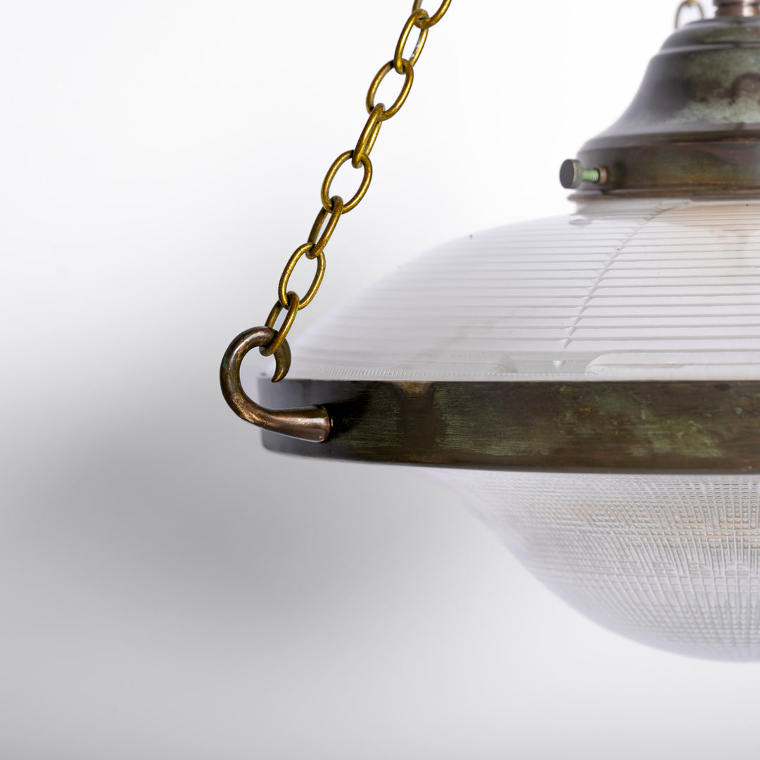 Large Holophane Ripplelite Pendant Lights in Aged Brass Frames (Run of Six)