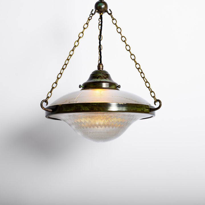 Large Holophane Ripplelite Pendant Lights in Aged Brass Frames (Run of Six)