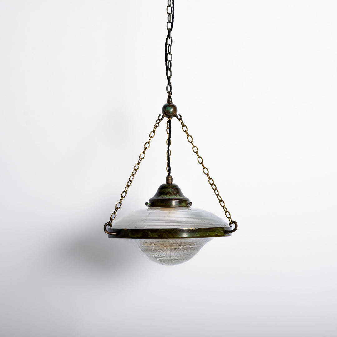 Large Holophane Ripplelite Pendant Lights in Aged Brass Frames (Run of Six)