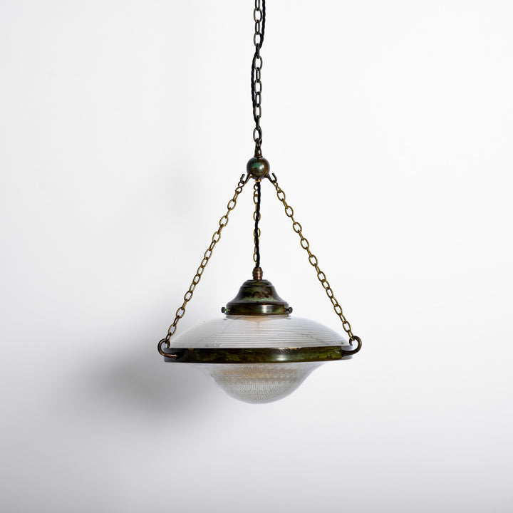 Large Holophane Ripplelite Pendant Lights in Aged Brass Frames (Run of Six)