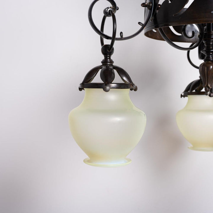 Large & Impressive British Arts & Crafts Chandelier with Original Vaseline Glass Shades